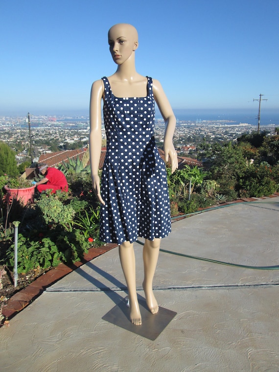 1980's Vintage Navy Blue/White, Eighties Polka Do… - image 1