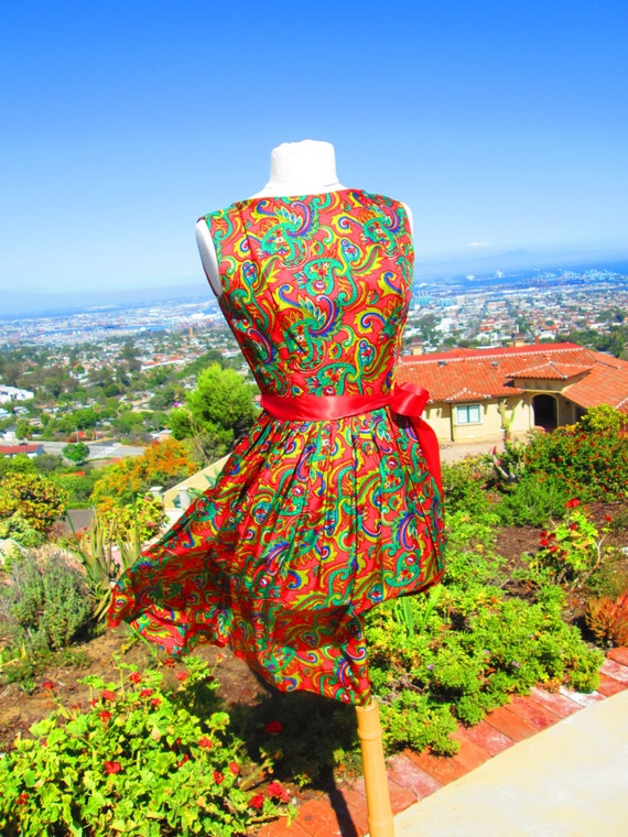 Vintage 1960's Red Silk Paisley Party Dress Saks … - image 1