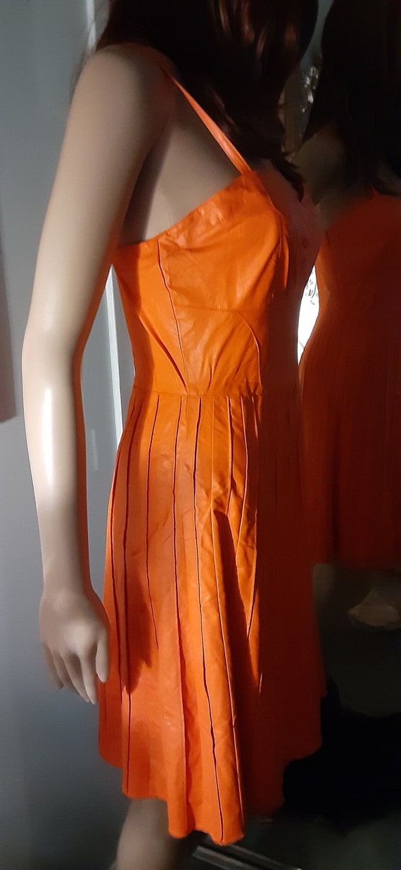 Vintage Faux Leather Bright Orange Dress Petite S… - image 1