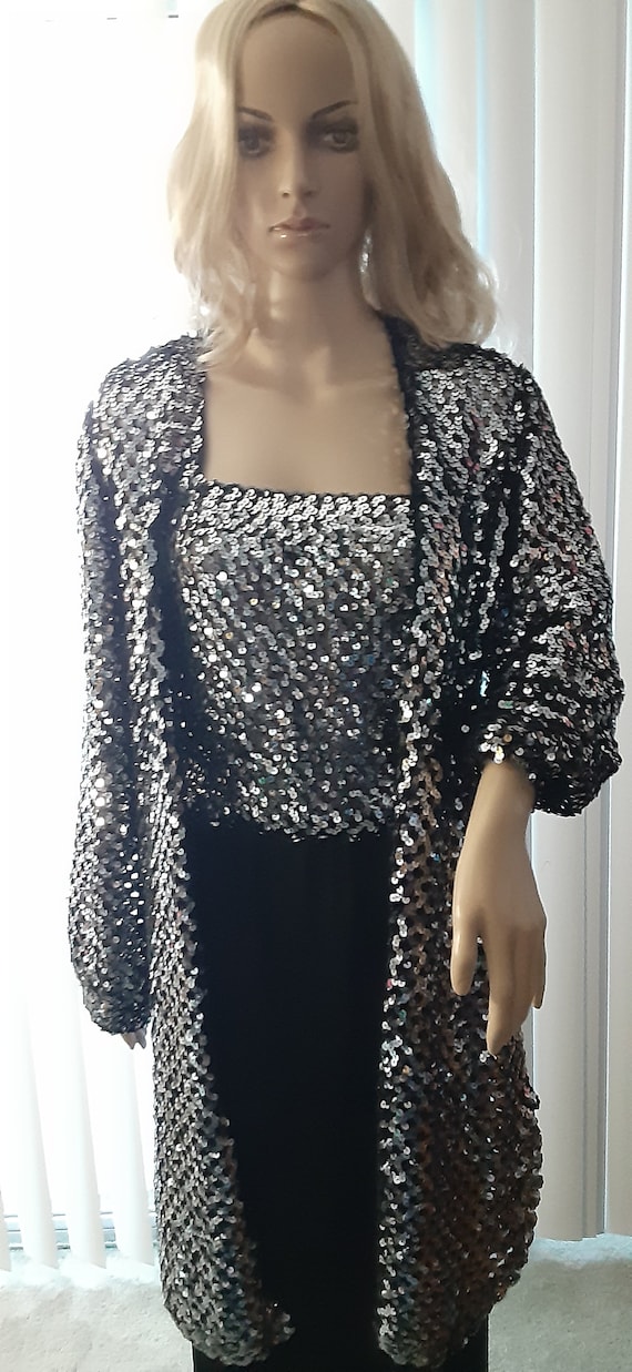 Vintage 1970's Black Sequined Disco 2 Piece Forma… - image 1