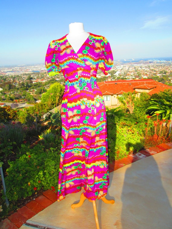 1960s Floral Cotton Maxi Dress, Handmade Psychedelic Sixties Style, Petite