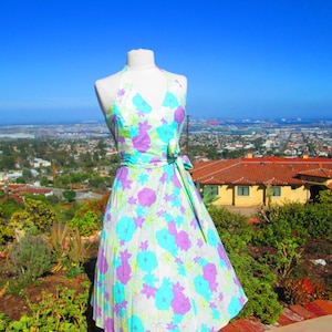VINTAGE 1980&#39;s Floral Halter/Wrap Dress by Guess  Sundress Summer Dress Garden Party Pastel Dress Designer Dress White Dress Cruise Wear