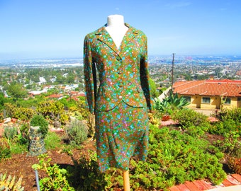 Vintage 1960s Linen Skirt Suit, Floral Mod Style