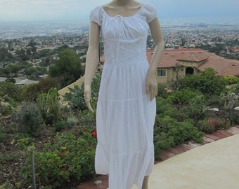 1970's Vintage Beautiful Flowing Long White Cotton Beach Dress Beading Summer Boho Maxi Dress