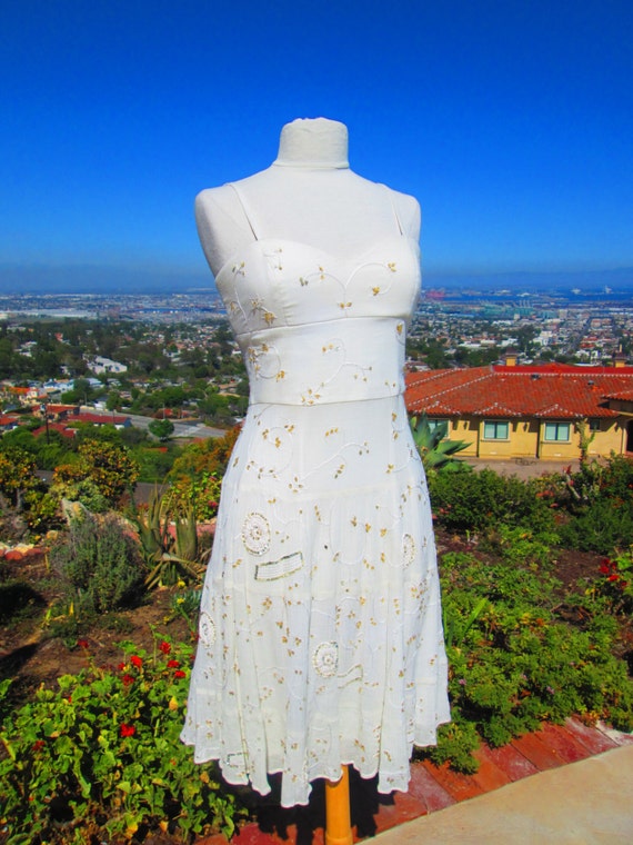 Vintage 1980s White Cotton Babydoll Dress: Gold Sequins, Boho Beach