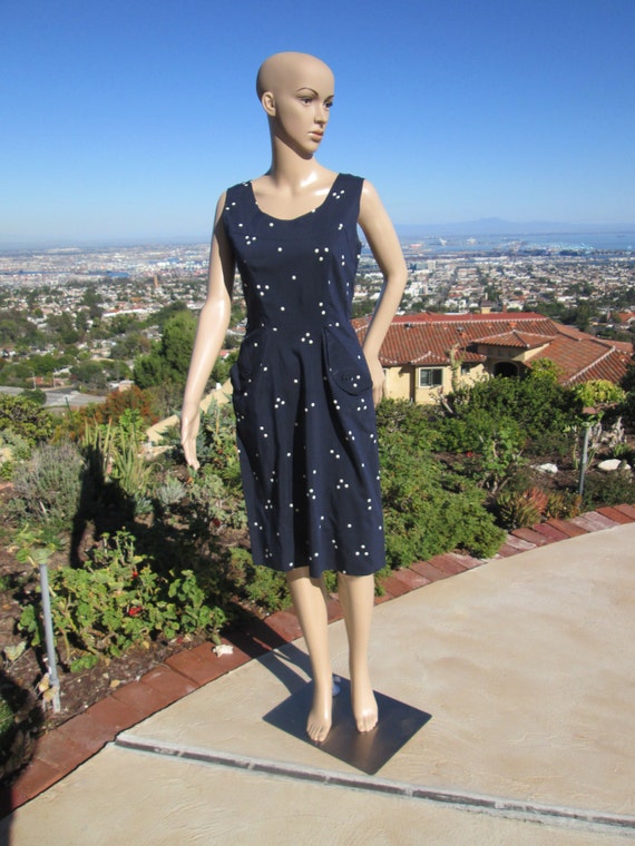 Vintage 1950's Navy Blue & White Cotton/Silk Polka