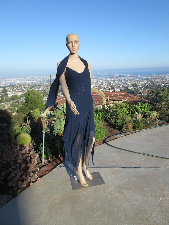 Vintage 1980's Midnight Blue Semi-Formal Gown/Sequins, Spaghetti Straps, Disco Style Dress