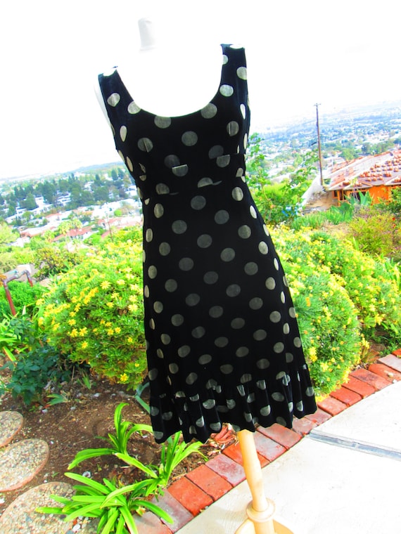 SENSATIONAL Black Velvet Polka Dot Cocktail Dress 