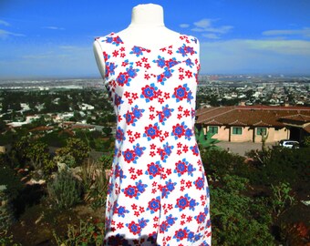 Vintage Handmade 1960's Red White and Blue Floral Maxi Dress Boho Beach Summer Dress