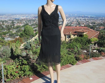 Vintage '90's  Tissue Silk LBD Sparkling Black Beading Keyhole Cutout Semi-Formal Black Dress Cocktail Dress  Little Black Dress