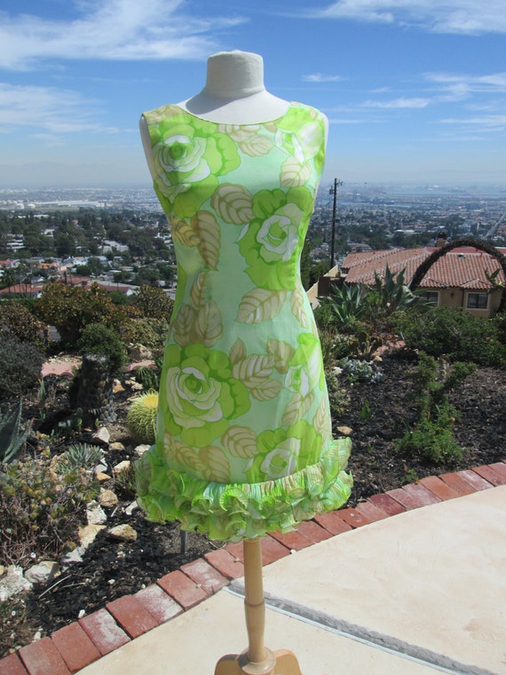 1960 s Bright Green Floral Cocktail Dress Mad Men P Gem