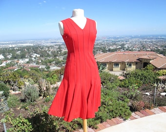 Vintage 1980's Calvin Klein Red Party Dress Cocktail Dress Designer Dress Red V Neck Sleeveless Dress Full Skirt