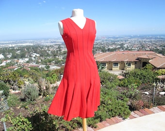Vintage 80s Calvin Klein Red Dress, Sleeveless V-Neck Cocktail Party Dress