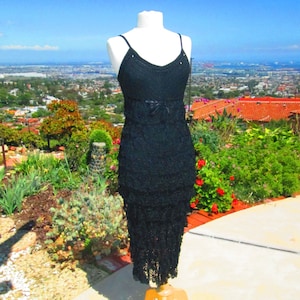 ON SALE  AMAZING Full Length Black Crocheted Evening Gown, Formal Gown, Black Evening Dress, Beautiful Long Black Dress with Ruffles