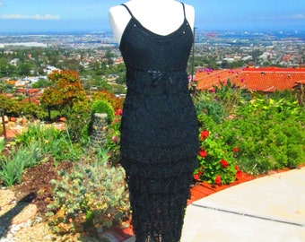 ON SALE  AMAZING Full Length Black Crocheted Evening Gown, Formal Gown, Black Evening Dress, Beautiful Long Black Dress with Ruffles