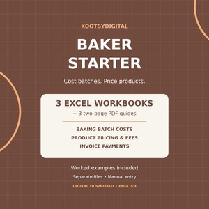 Puede incluir: Una descarga digital titulada Baker Starter de Kootsydigital sobre un fondo de cuadrícula marrón. Incluye 3 libros de trabajo de Excel y 3 guías PDF de dos páginas para costes de lotes, precios de productos, tarifas y facturas.