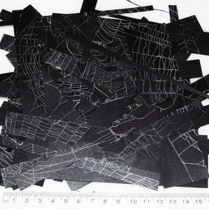 May include: Black confetti with a white spiderweb design. The confetti is in the shape of long, thin rectangles.