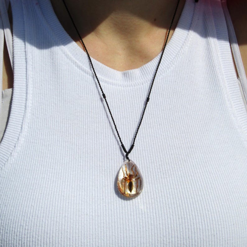 May include: A black cord necklace with a teardrop-shaped pendant containing a preserved spider.