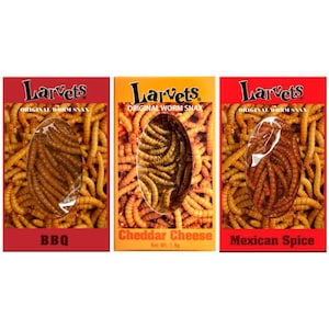 May include: Three boxes of Larvets Original Worm Snacks, each with a different flavor: BBQ, Cheddar Cheese, and Mexican Spice. The boxes are red and orange with a clear window showing the dried mealworms inside.