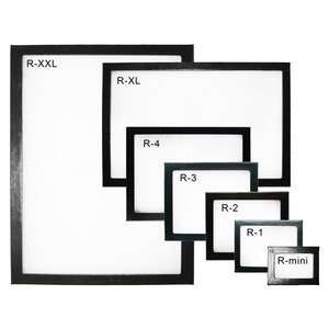May include: Six black picture frames of different sizes, labeled R-XXL, R-XL, R-4, R-3, R-2, R-1, and R-mini.