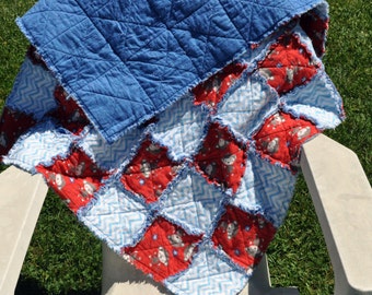 Blue Chevron and  Monkey Rag Quilt 39 in by 39 in
