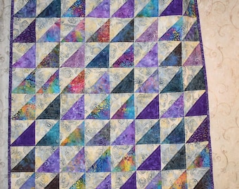 Purple and Beige Half Square Triangle Batik Baby Quilt