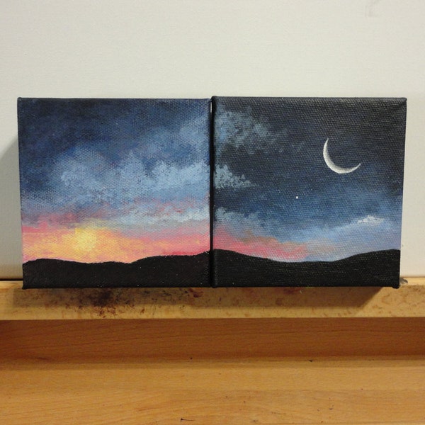 Reserved - Sunset, Moonrise Painting 4 x 4 inch Acrylic on Canvas