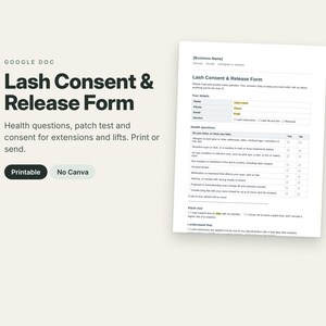 Lash Consent Form, Eyelash Extension Release Form, Lash Lift Consent, Patch Test Record, Lash Tech Client Form, Editable Google Doc