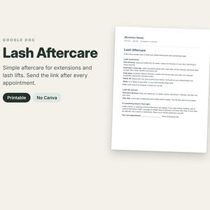 Lash Extension & Lift Aftercare Card, Printable Google Doc (Editable)
