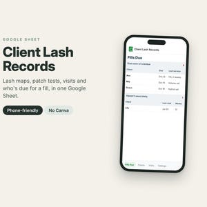Lash Client Record Sheet, Lash Mapping Tracker, Lash Tech Client Card, Fill Reminder, Patch Test Log, Google Sheets