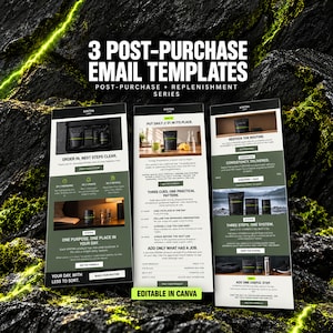 May include: Three digital email templates for Kintra Labs featuring a post-purchase and replenishment series. The layouts include product imagery, text sections, and call-to-action buttons on a white background with olive green accents.