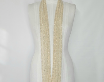 Scarf Sash Belt 62x2.5" Narrow Tie Necklace Heavily Beaded Beige Sparkle Mesh