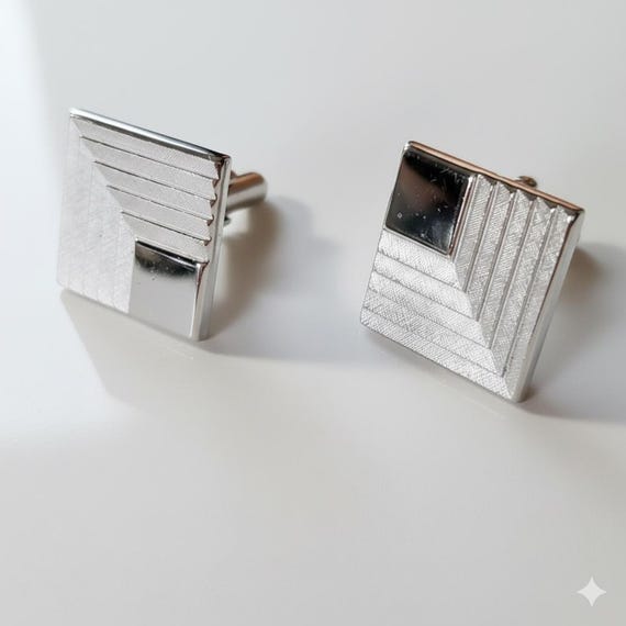 Swank Cufflinks Silver Tone Geometric Stepped Polished Brushed Textured Button