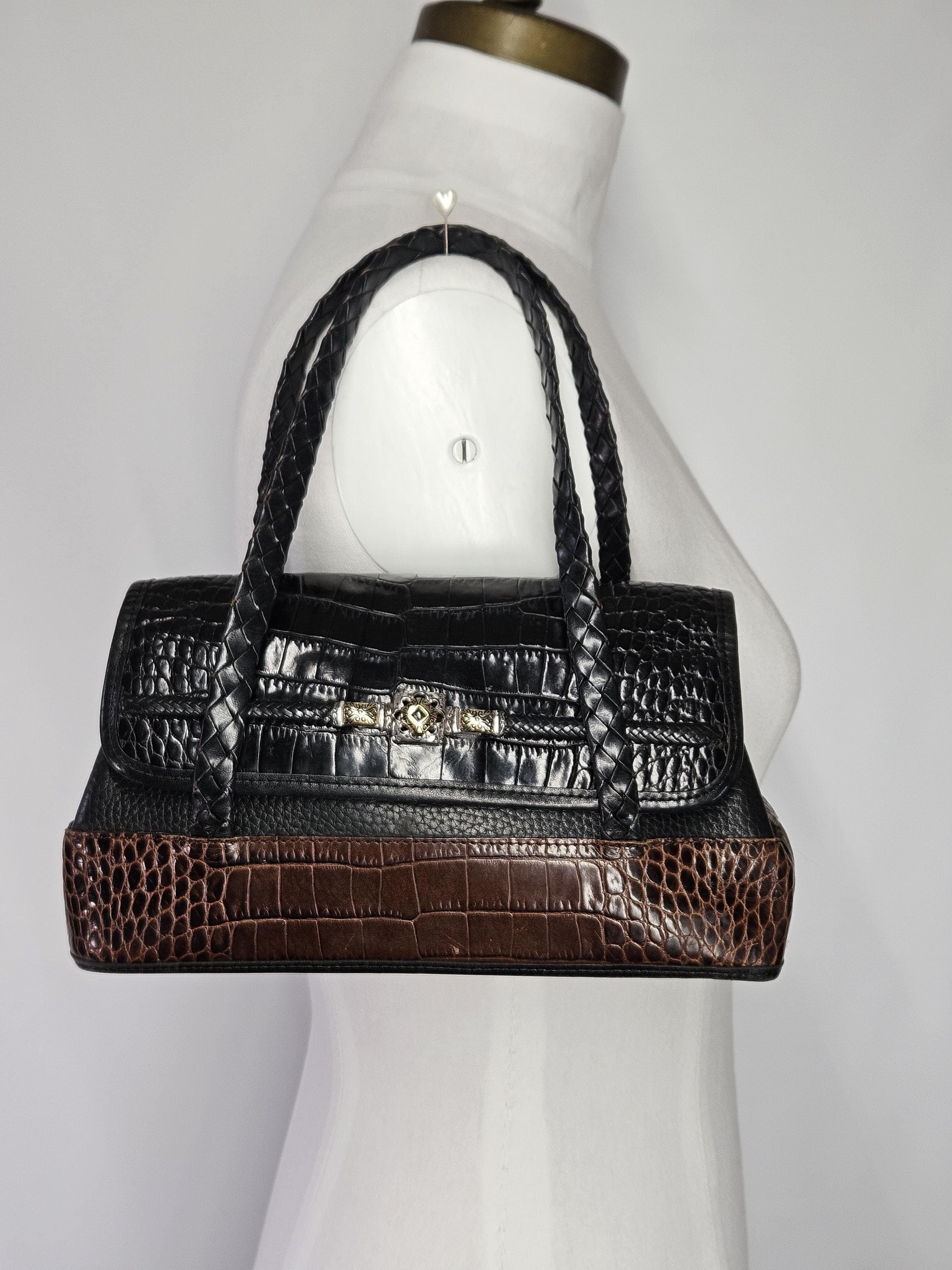 Vintage Black Croc Embossed Shoulder Bag Gold Statement Clasp Purse Schitz Paris Rare Black Crocodile Handbag with Gold Hardware  main image 4