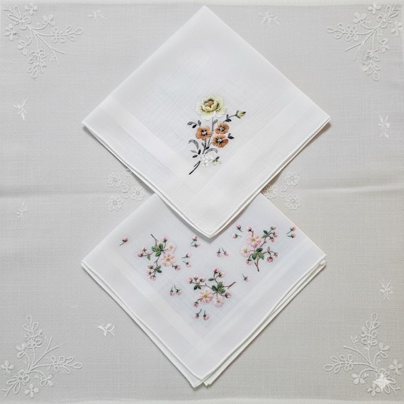 Handkerchiefs 12x12" Hand Embroidered Vintage Floral Linen Cherry Blossom Rose