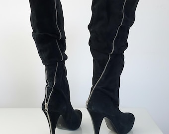 Pour La Victoire Size 10 Knee High Boots Black Suede Zipper Design Stiletto Heel