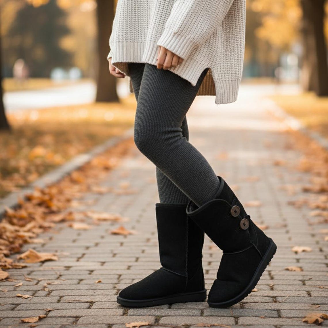 Après by Lamo Size 9 Boots Black Suede Leather Buttons PullOn Fur Lined Mid Calf, photo 2 sur 5