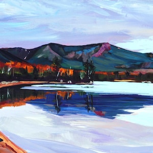 May include: A painting of a lake with a mountain range in the background. The lake is a light blue color and the mountains are a dark green color. There is a small canoe on the shore of the lake.