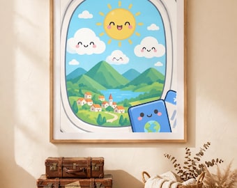 Kawaii Samolotowy Nadruk na Oknie | Uśmiechnięte Słońce, Chmury, Góry (Pobranie Cyfrowe)