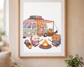 Kawaii Camper Van Campfire Print | Miętowo-różowa dekoracja Van Life (pobranie cyfrowe)