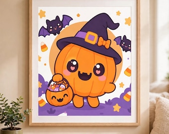 Kawaii Dyniowa Wiedźma Halloweenowa Grafika | Upiorna Jesienna Dekoracja (Pobranie Cyfrowe)