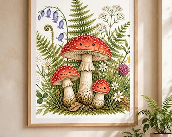 Grafika ścienna z grzybami leśnymi | Vintage botaniczny nadruk | Dekoracja przyrodnicza do druku