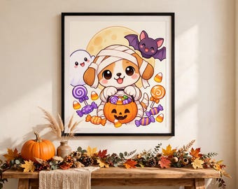 Kawaii Mumia Szczeniak Halloween Print | Straszny obraz z wiaderka cukierków (pobranie cyfrowe)