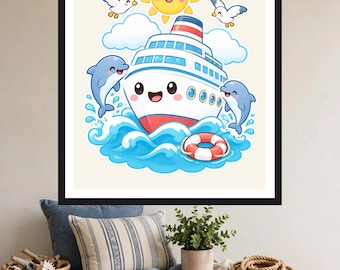 Uroczy obrazek na ścianę z motywem statku wycieczkowego | Kawaii nadruk z delfinem | Wydrukowana dekoracja morska