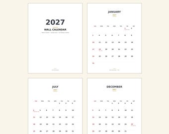 Kalendarz ścienny na rok 2027 do druku | Minimalistyczny kalendarz na 12 miesięcy w formacie PDF | Niedzielny początek z amerykańskimi świętami