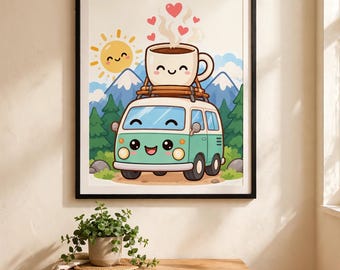 Kawaii Camper Van Coffee Print | Van Life Road Trip Art (Pobieranie cyfrowe)
