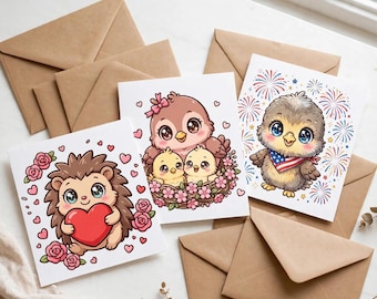 Zestaw kartek okolicznościowych Kawaii, 12 wzorów do druku (do pobrania w wersji cyfrowej)