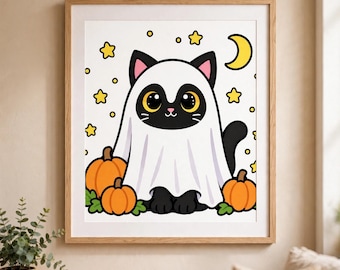 Kawaii Duch Kota Halloweenowy Wydruk | Straszny Kot na Ścianie (Pobranie Cyfrowe)