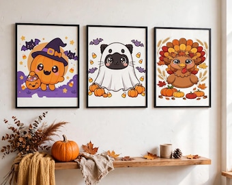 Zestaw jesiennych nadruków na Halloween w stylu kawaii, 6 uroczych jesiennych grafik ściennych (do pobrania w wersji cyfrowej)