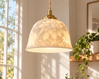 White Floral Ceramic Pendant Light, Vintage Gold Hanging Lamp, Farmhouse Kitchen Island Lighting